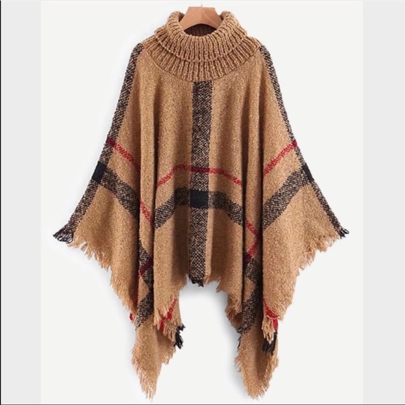 Plaid Poncho Cardigan Scarf Shawl  Kimono-CAMEL - Picture 4 of 8